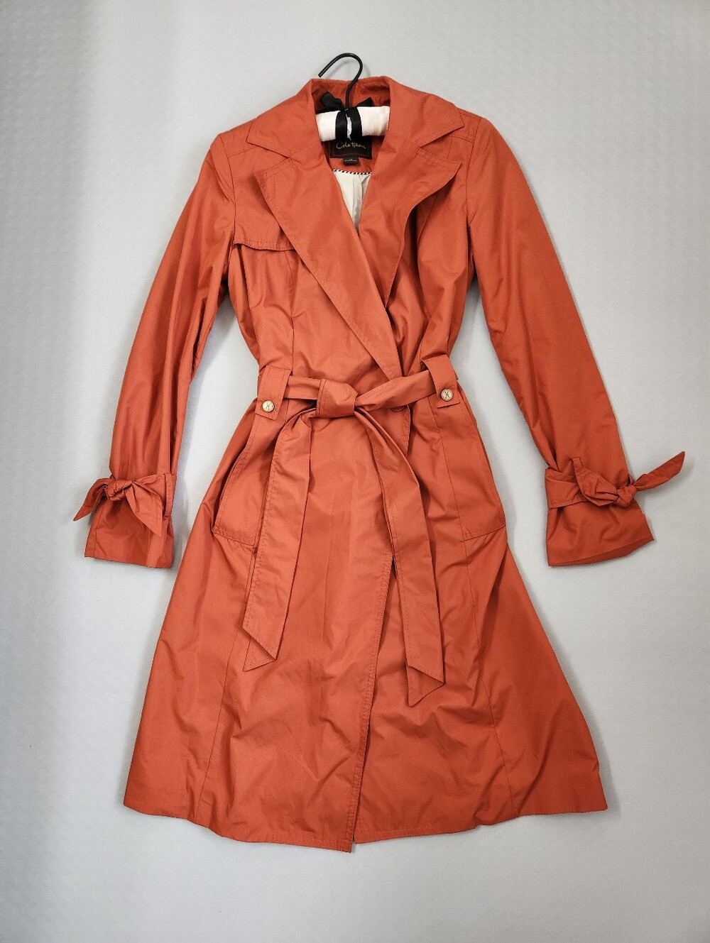 Cole Haan Trench Coat XS Red Brick Nylon Fitted Belted Midi Bows Classic Fall
